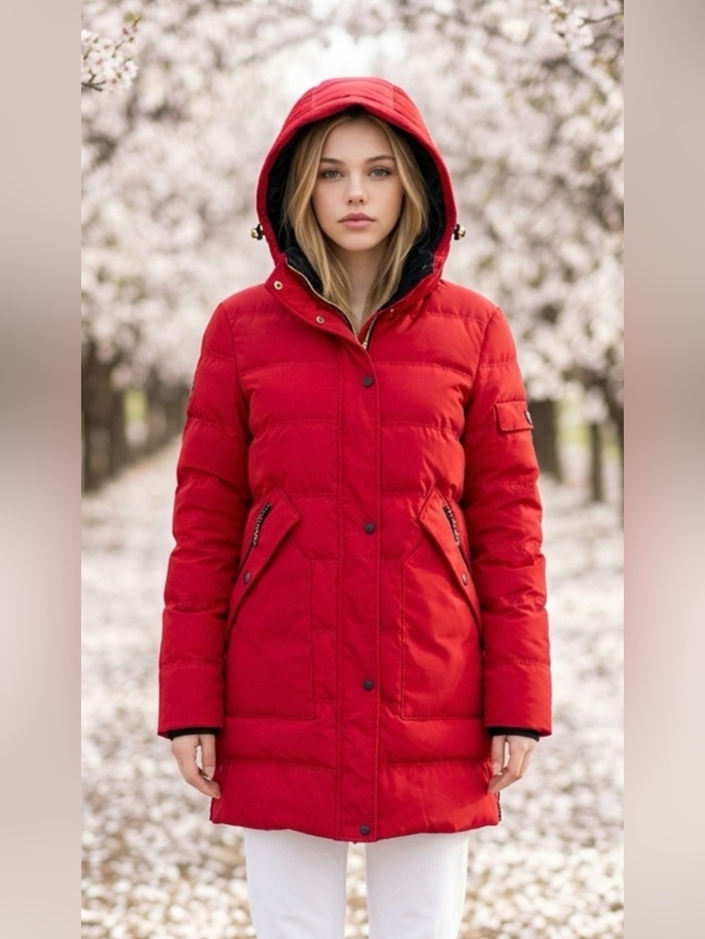Insulated Red Hooded Puffer Coat for Women